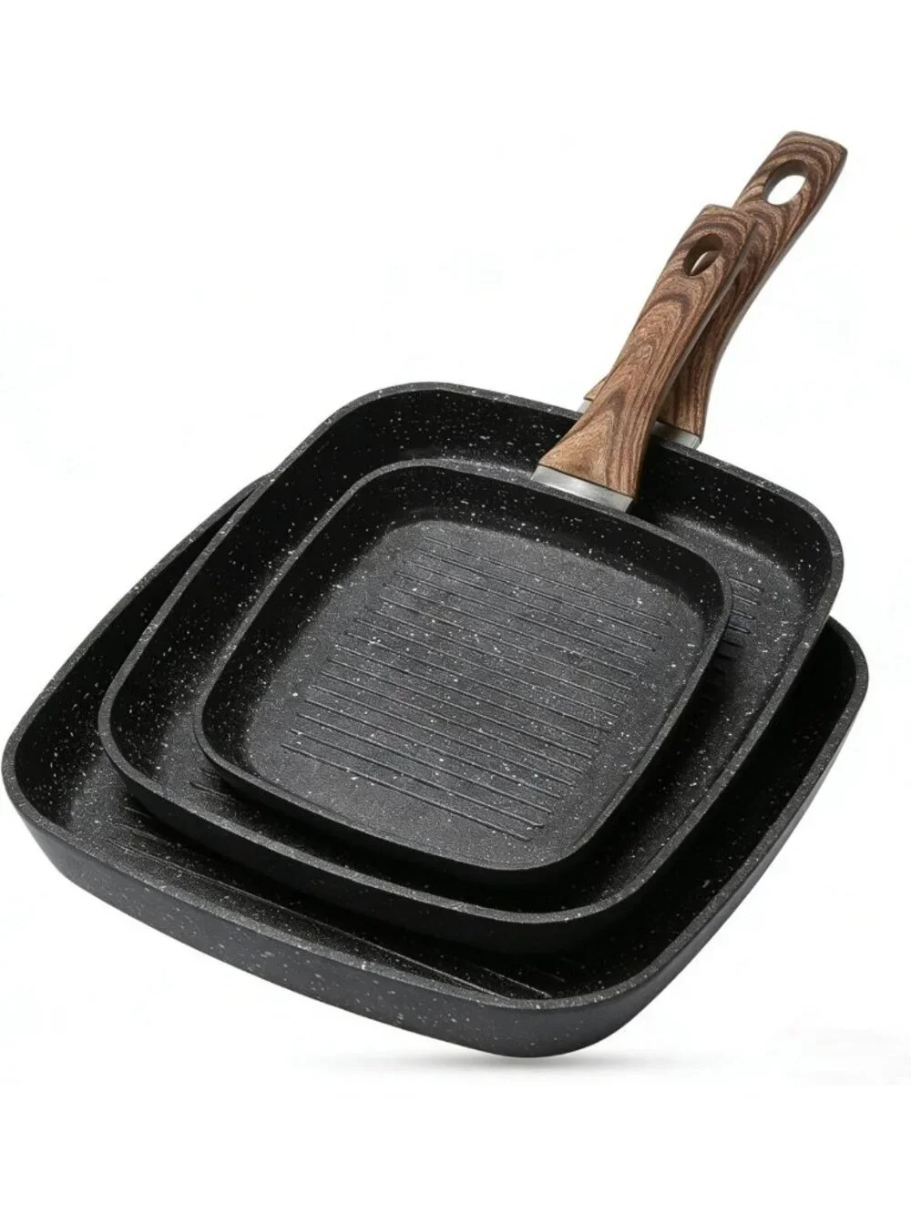 Versatile Nonstick Grill Pan Set - 3 Square Skillets with Wooden Handles, PFOA